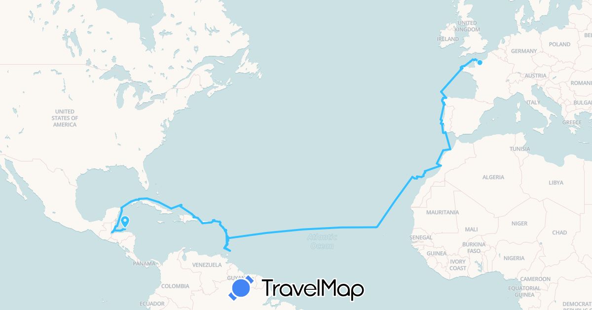 TravelMap itinerary: boat in Bahamas, Belize, Cuba, Cape Verde, Dominica, Dominican Republic, Spain, France, Grenada, Guernsey, Guatemala, Honduras, Saint Kitts and Nevis, Saint Lucia, Morocco, Montserrat, Mexico, Netherlands, Portugal, Turks and Caicos Islands, Trinidad and Tobago, United States, Saint Vincent and the Grenadines, British Virgin Islands (Africa, Europe, North America)
